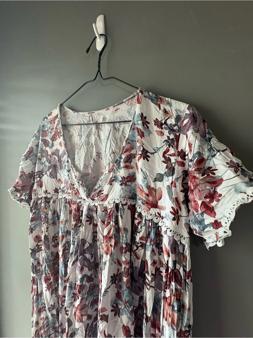 Boho Floral Babydoll Dress Cottagecore Lace Trim Flowy Midi/Lounge Dress - Picture 5 of 6